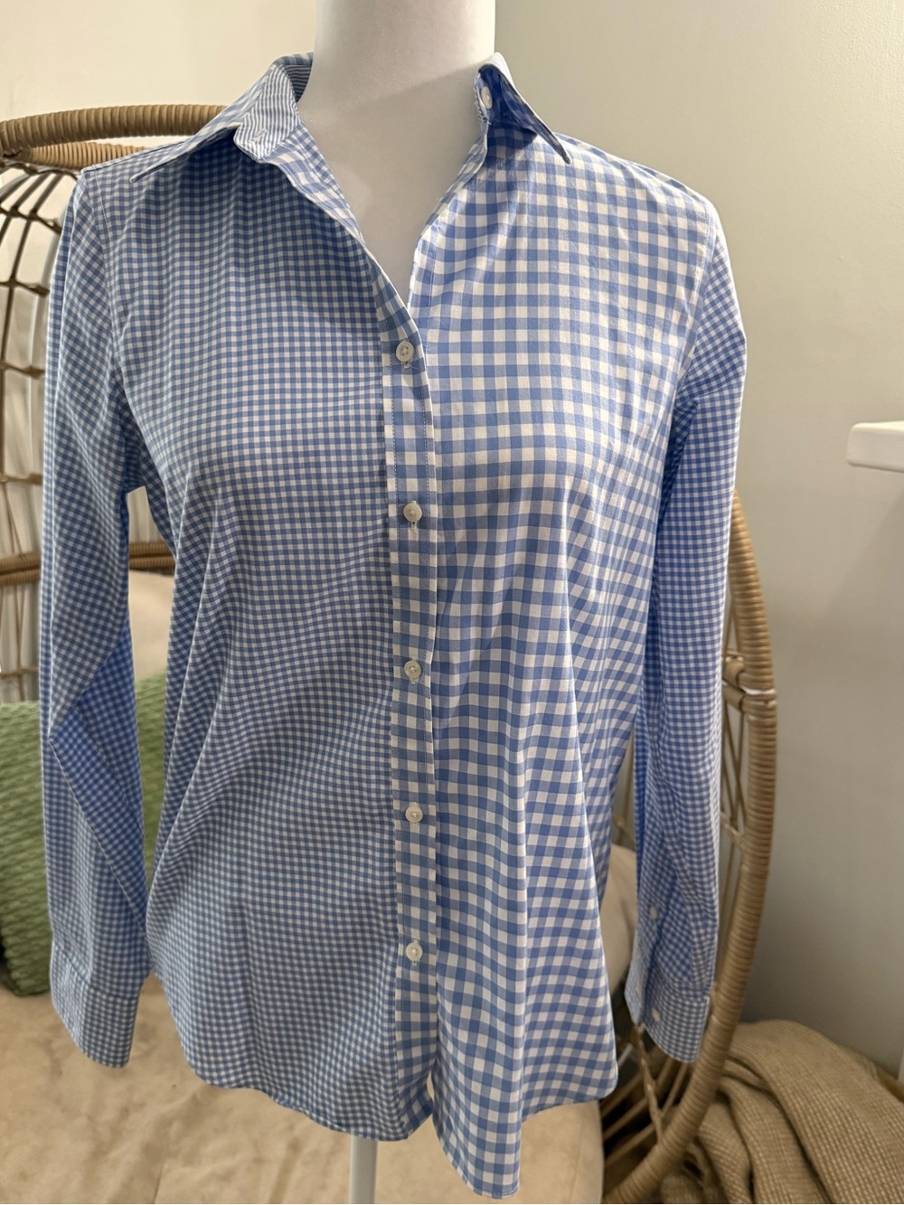 Chaps Blue Gingham No-Iron Cotton Button Down Shirt Size Small